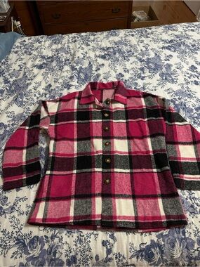 Pink Black and White Plaid Button-Up Fleece Shacket